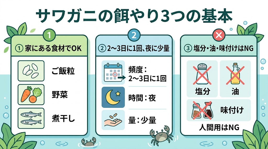 「サワガニの餌やり3つの基本」を1枚で伝える図解