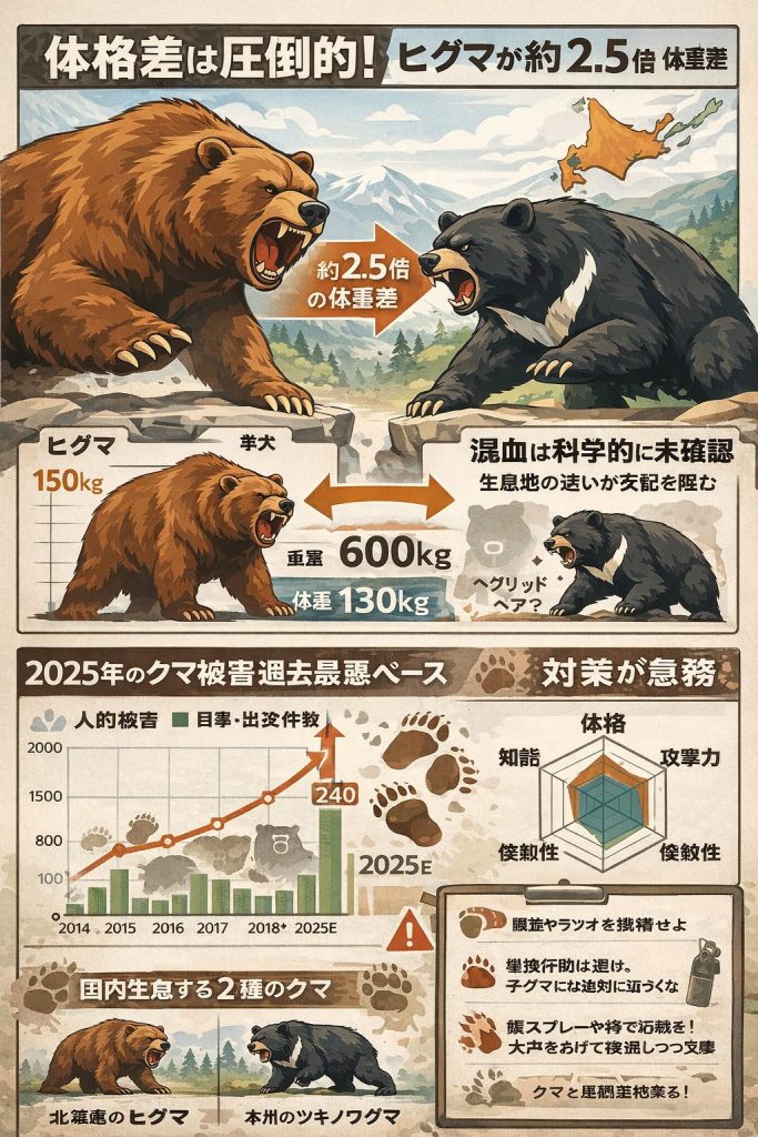 日本に生息する2種類のクマ、ヒグマとツキノワグマ