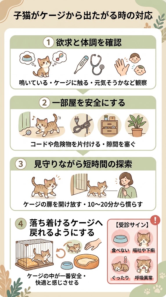 「子猫がケージから出たがる時の対応」をテーマにした日本語インフォグラフィック