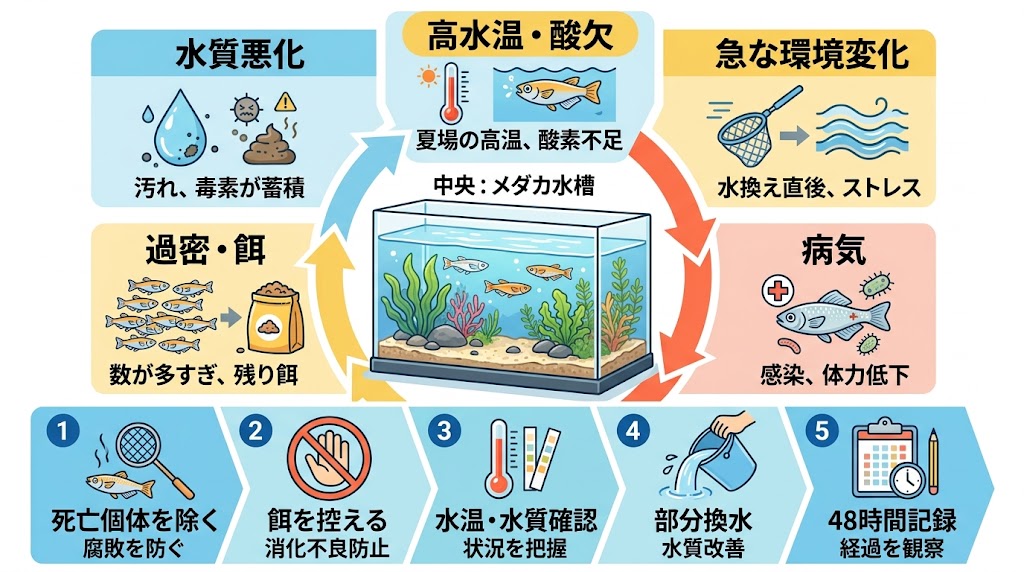 メダカが次々死ぬときの原因切り分け