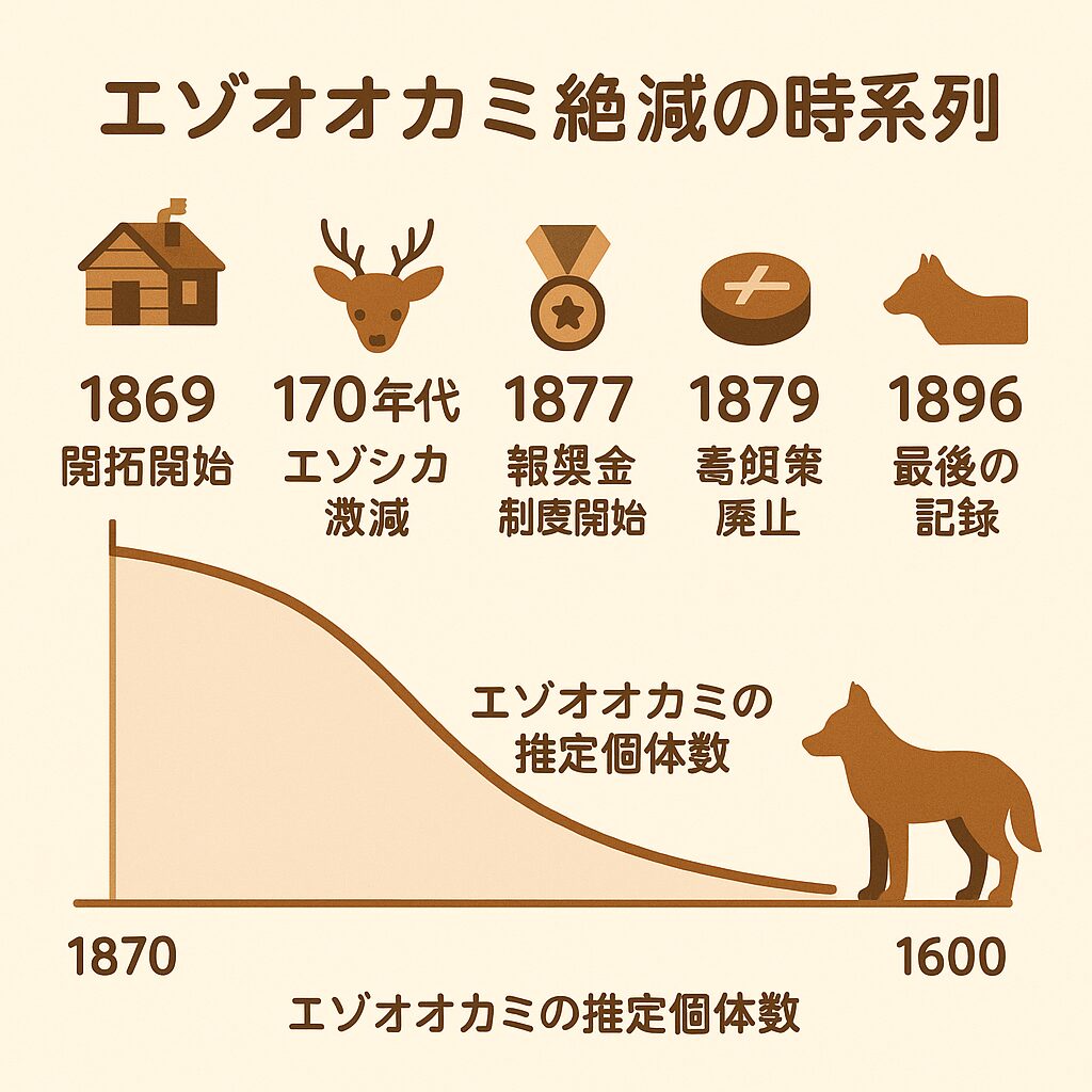 エゾオオカミ絶滅の時系列を示すインフォグラフィック