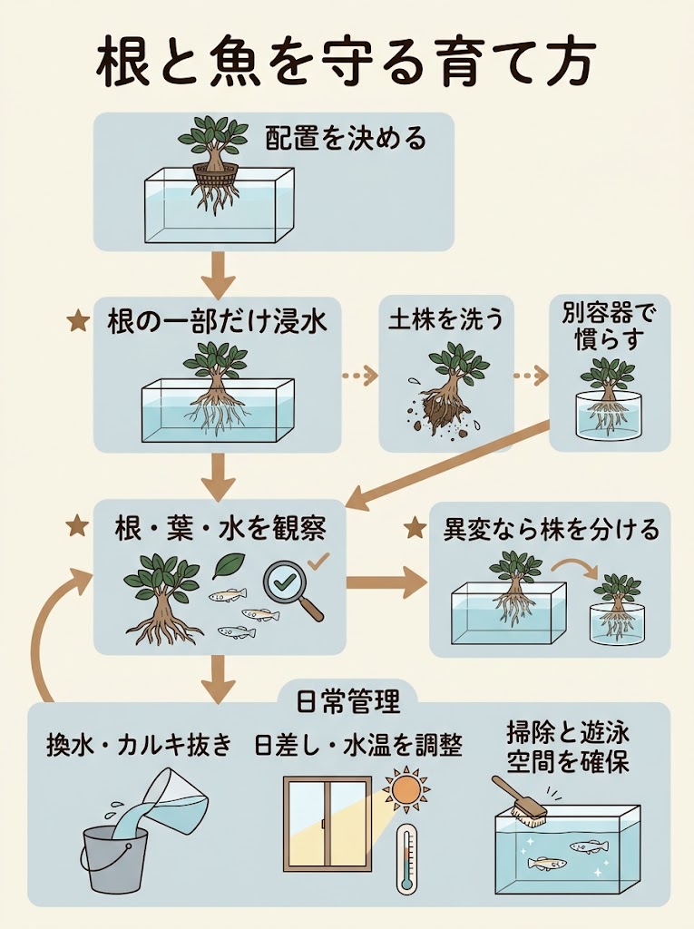 ガジュマルとメダカの水耕栽培を始める前から日々の管理まで俯瞰できる、縦長の手順フローチャート型インフォグラフィック