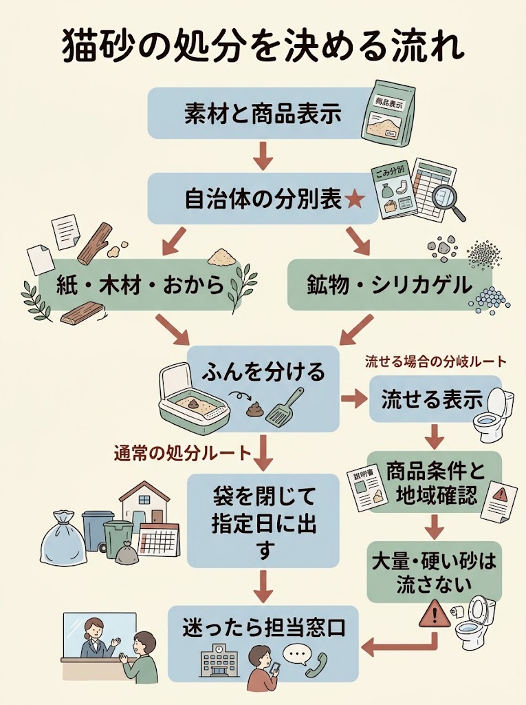 猫砂を捨てる際の判断と行動を俯瞰できる、縦方向の判断フローチャート型インフォグラフィック